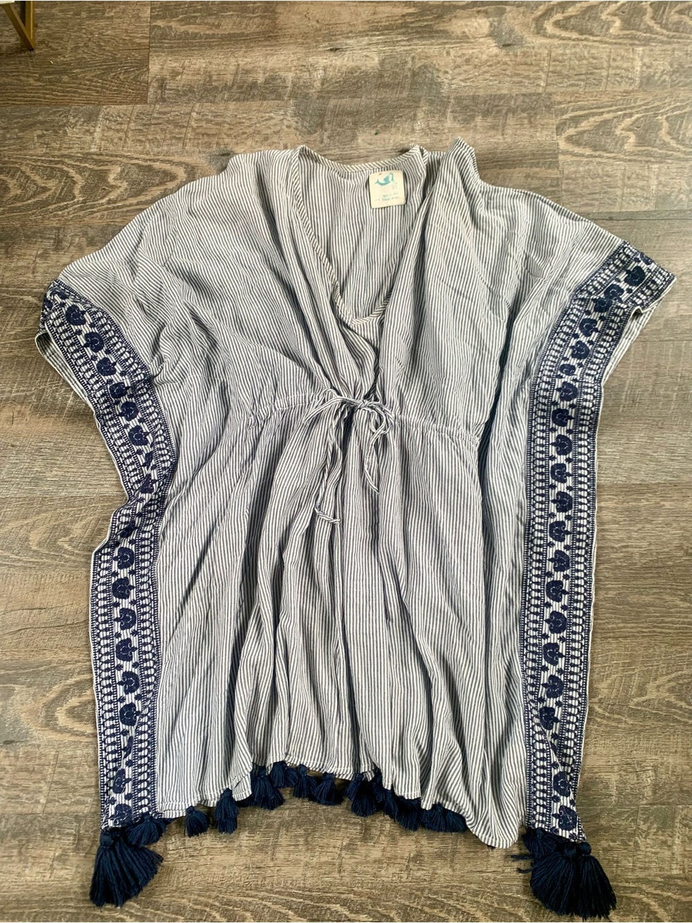 Striped Boho Tassel Cover-Up with Navy Embroidered Trim